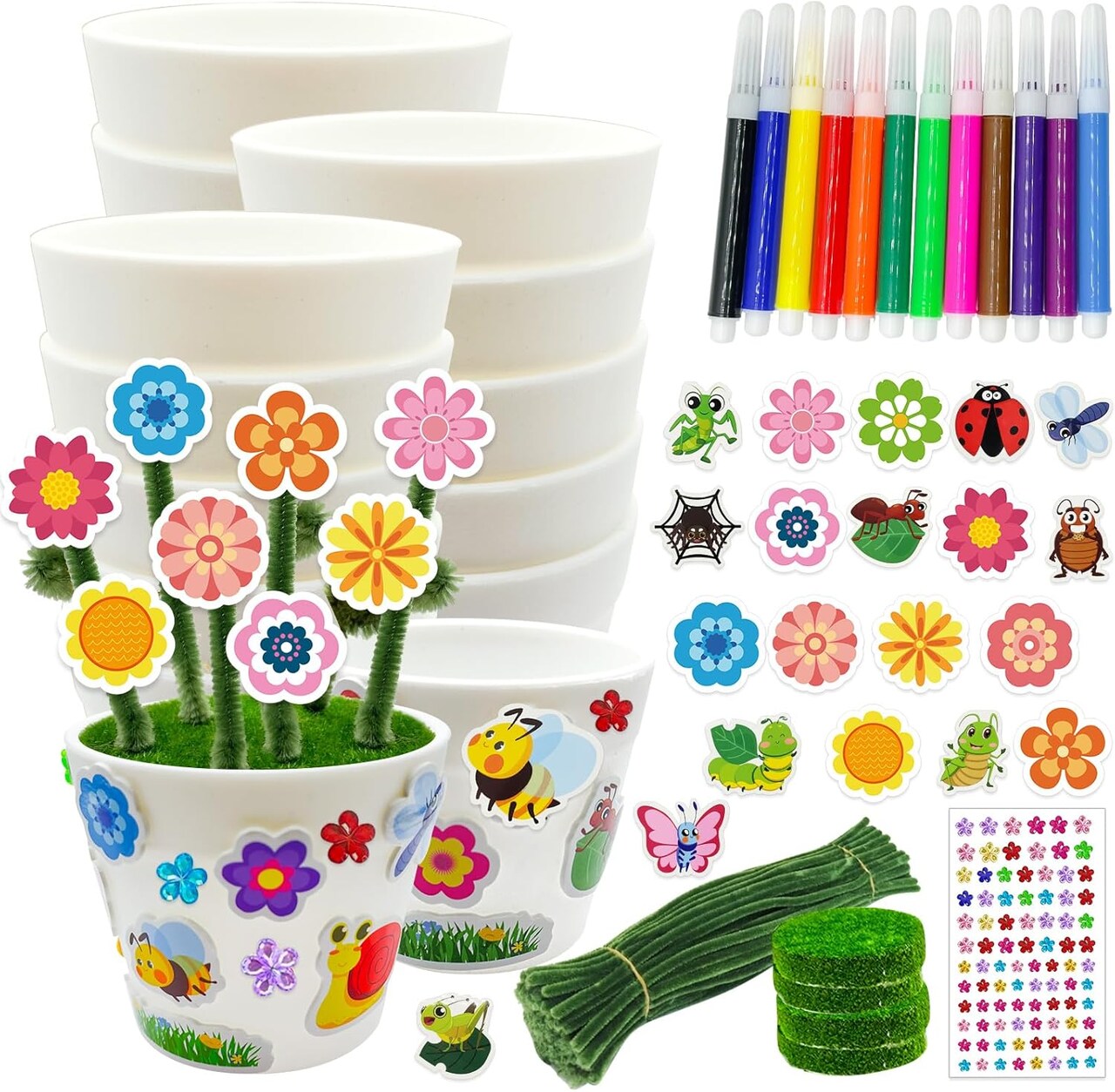24 Set Garden Plastic Pot Craft Kit,DIY Flower Plant Crafts with Adhesive Foam Stickers, Pipe Cleaners, Flower Growing Kit for Summer